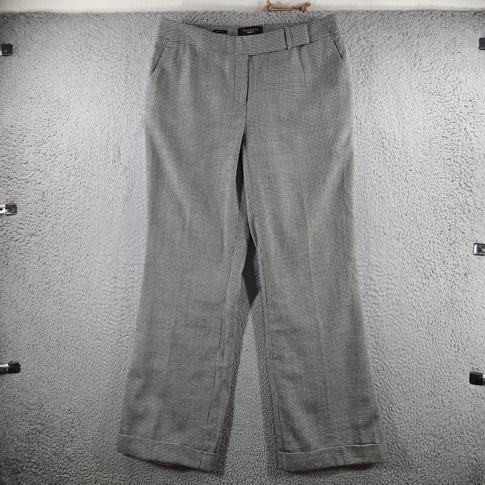 Talbots Signature Flare Wool Blend Houndstooth Cuffed Dress Pants Black White 12